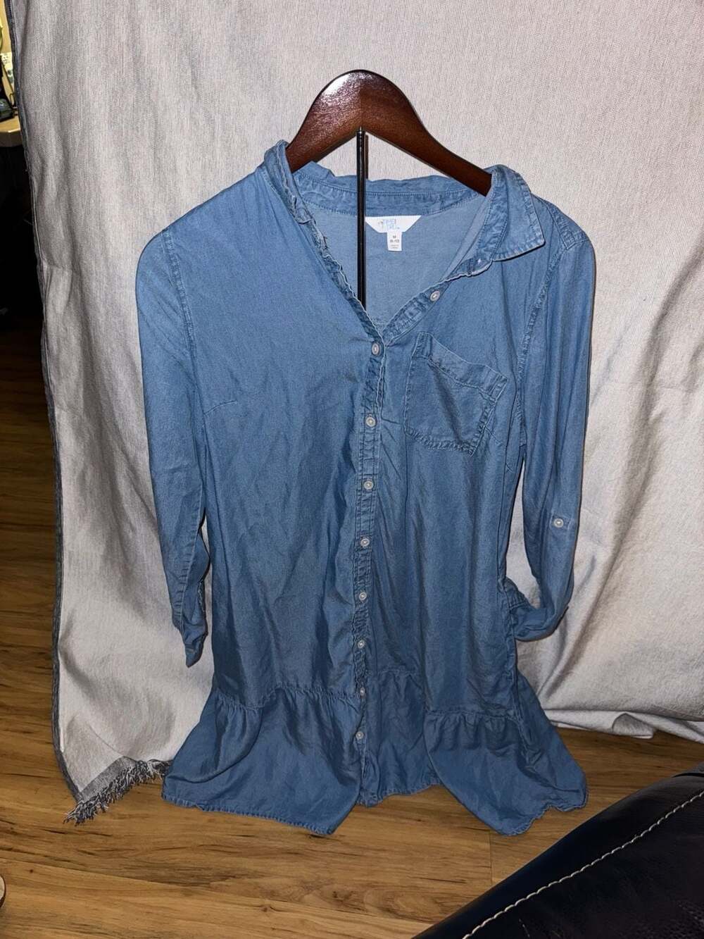 Time and Tru Women's Ruffle Trim Mini Shirtdress with Long Sleeves Size M (8-10)